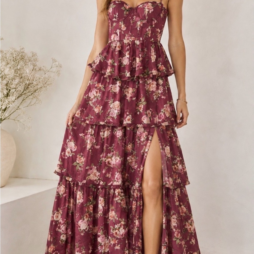 Altar'd State Burgundy Floral Tiered Strapless Maxi Dress
